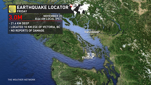 Weather Network – 3.0-magnitude earthquake located 100 kilometers from Vancouver, British Columbia