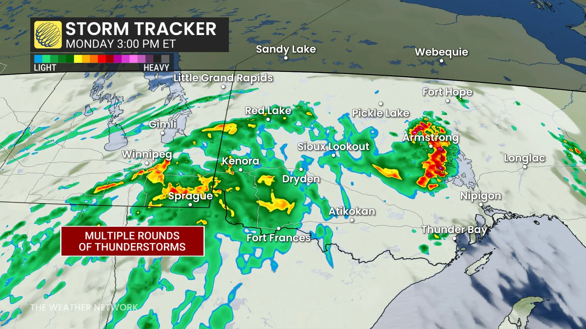 Manitoba-northwestern Ontario precipitation timing Monday afternoon