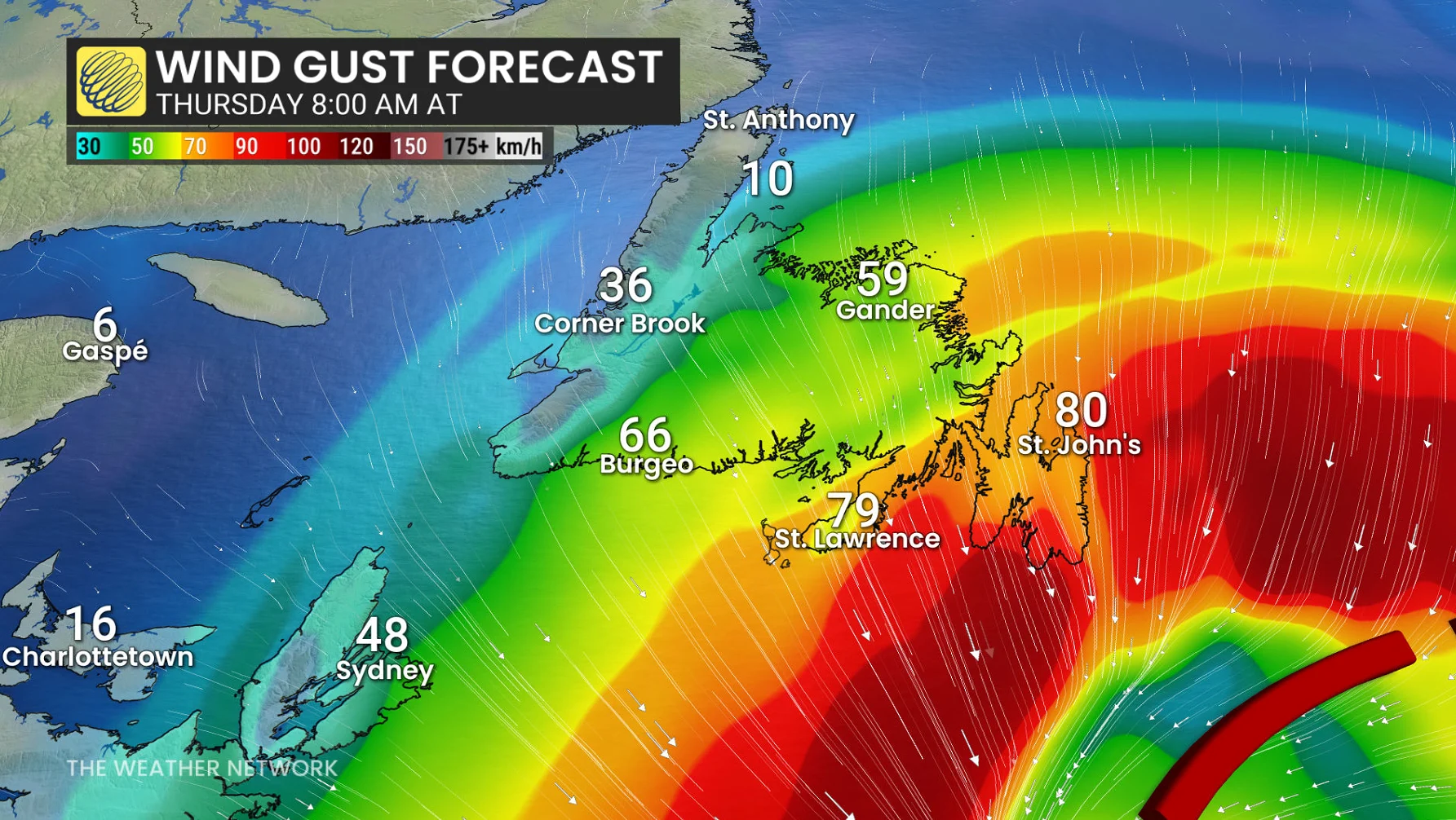 Newfoundland wind gusts Thursday morning