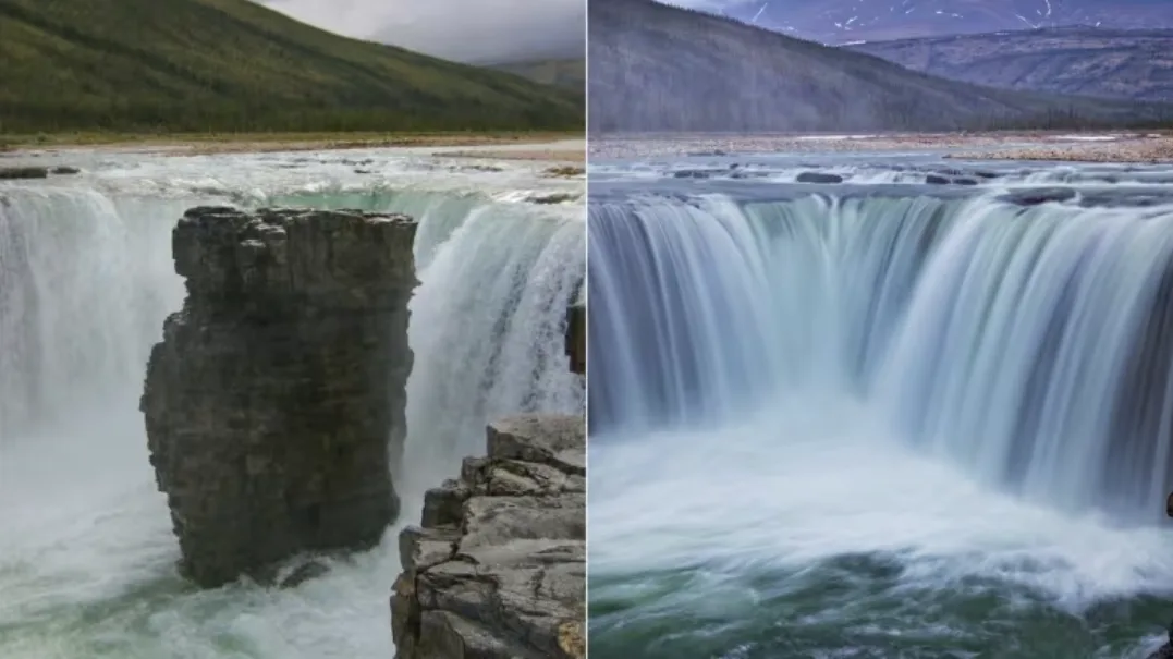 CBC: Nicky Lynn Richard's photos of Carcajou Falls in the N.W.T. last summer, and again last month — before and after a massive pillar of rock had crumbled away. (Nicky Lynn Richards)