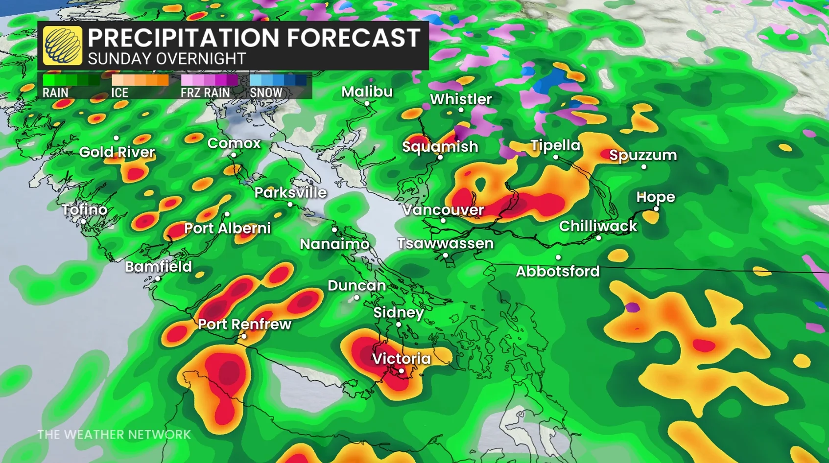 B.C. precipitation timing Sunday overnight