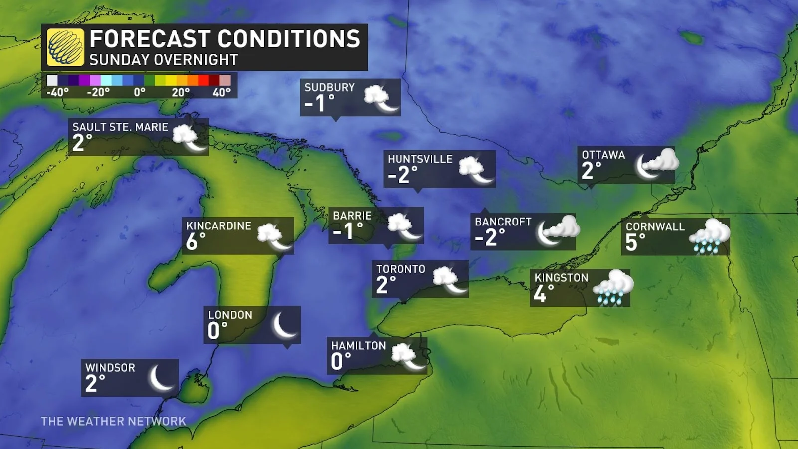 Ontario Sunday lows Oct 20 2023