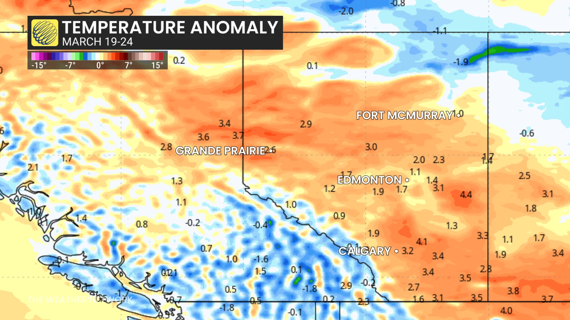 Alberta temperature anomaly March 19-24