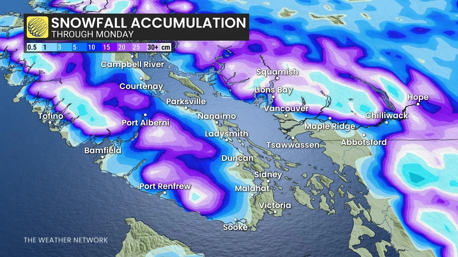 BC South Coast Snowfall Through Monday
