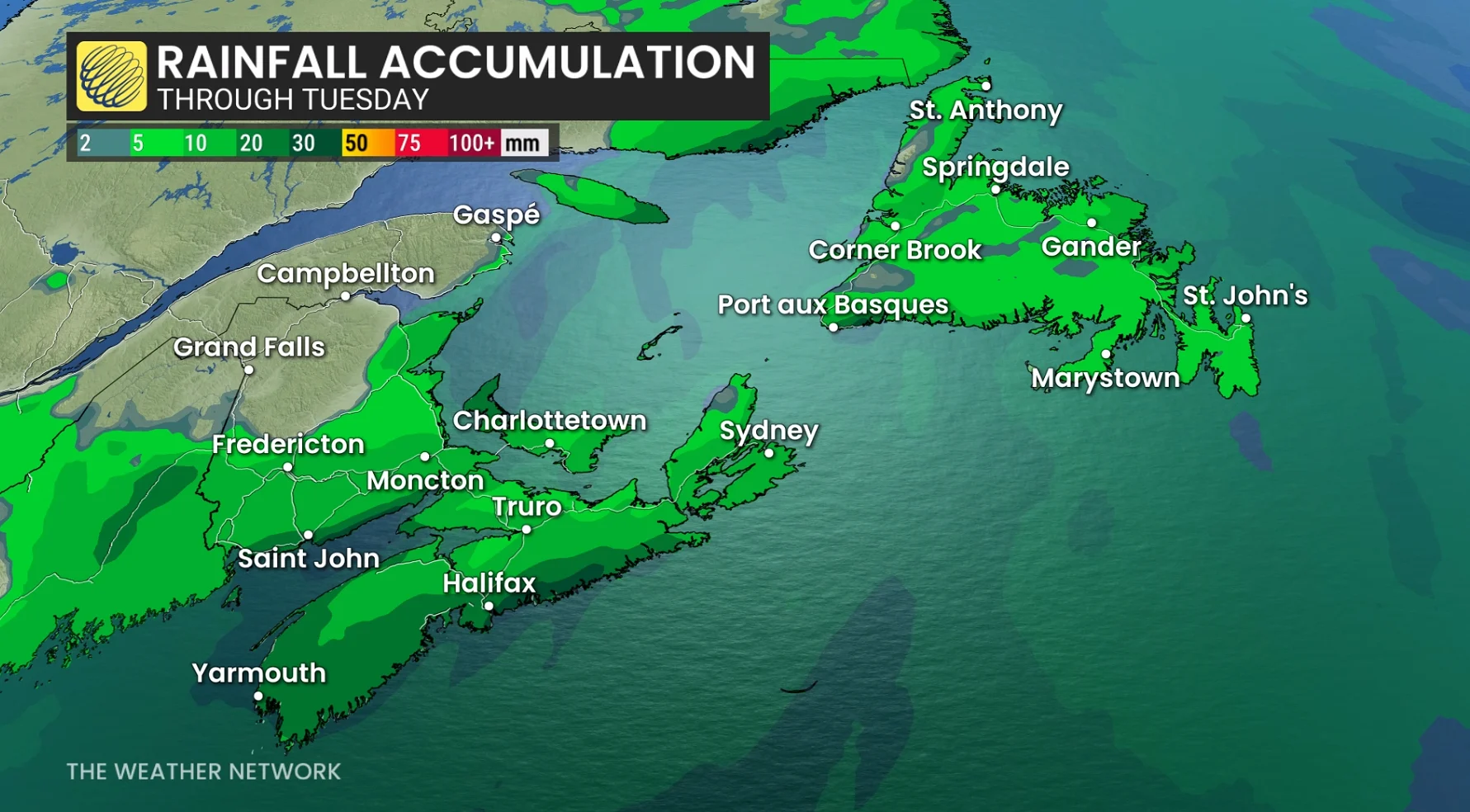 Atlantic Canada rainfall through Tuesday