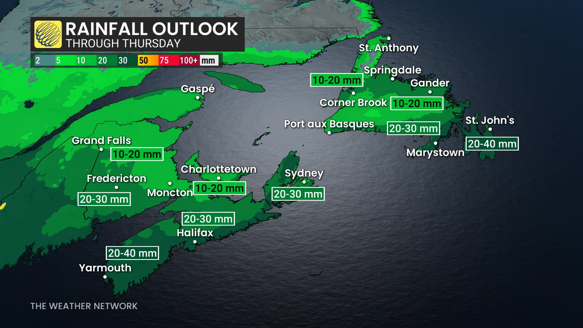 Atlantic Canada rainfall outlook through Thursday - Oct. 13, 2026