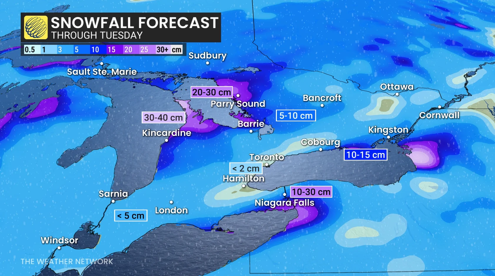 Ontario snowfall accumulation through Tuesday