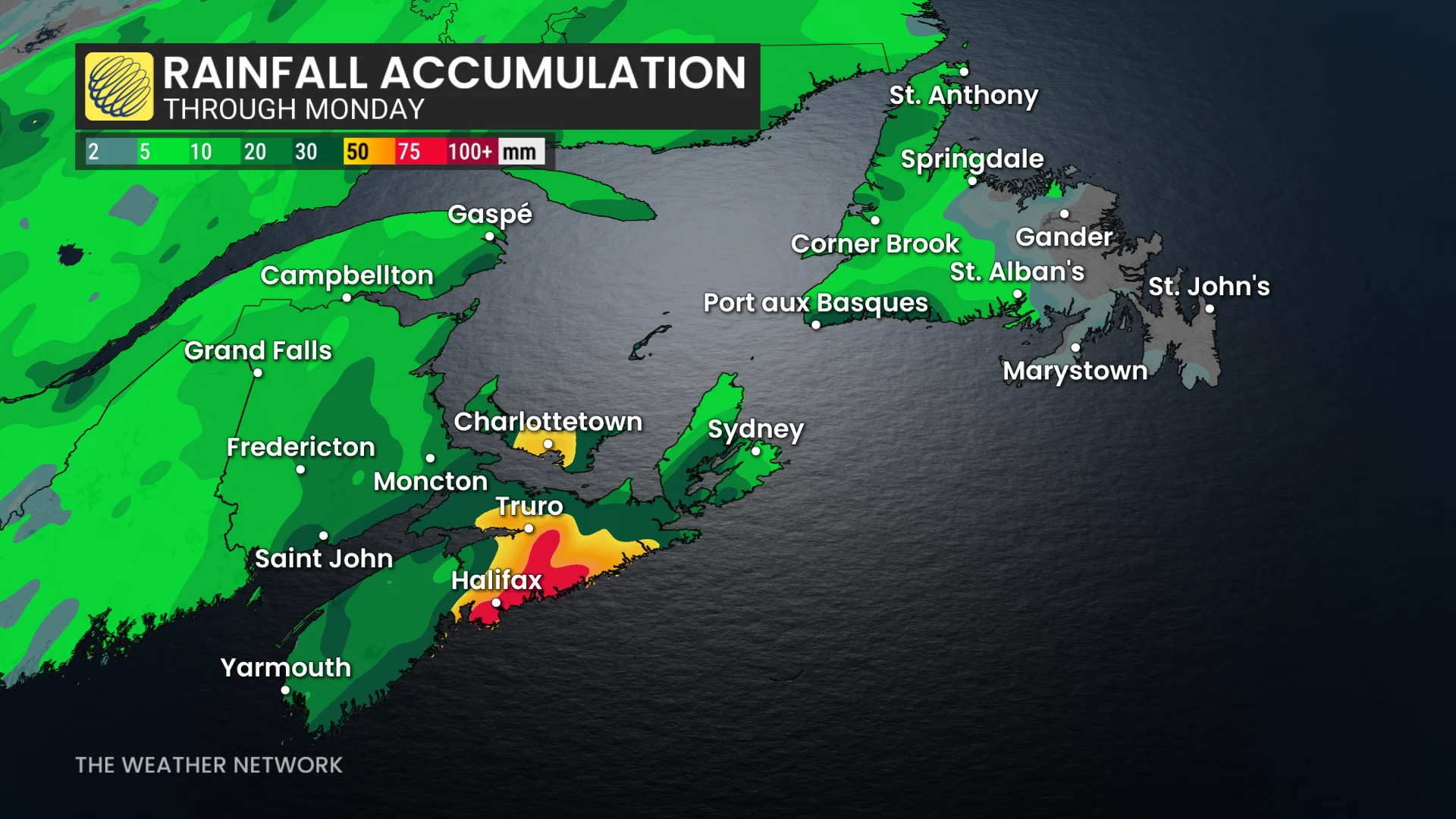 Atlantic Canada rainfall map through Monday
