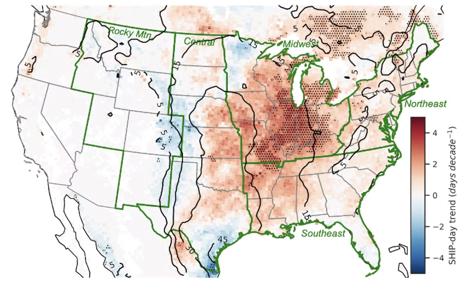 NOAA: Changes in the number of days with favorable ingredients for very large hail. Areas shaded in red have had an increase since 1979, most notably in the Midwest. Tang et al. (2019)