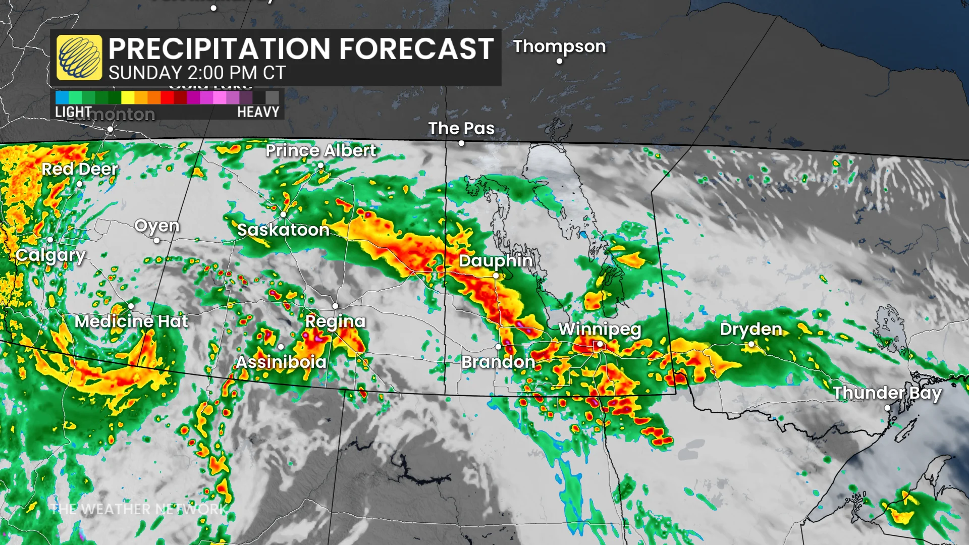 Prairies precipitation timing Sunday afternoon