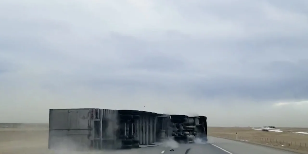 Dangerous winds take down a transport truck in southern Alberta