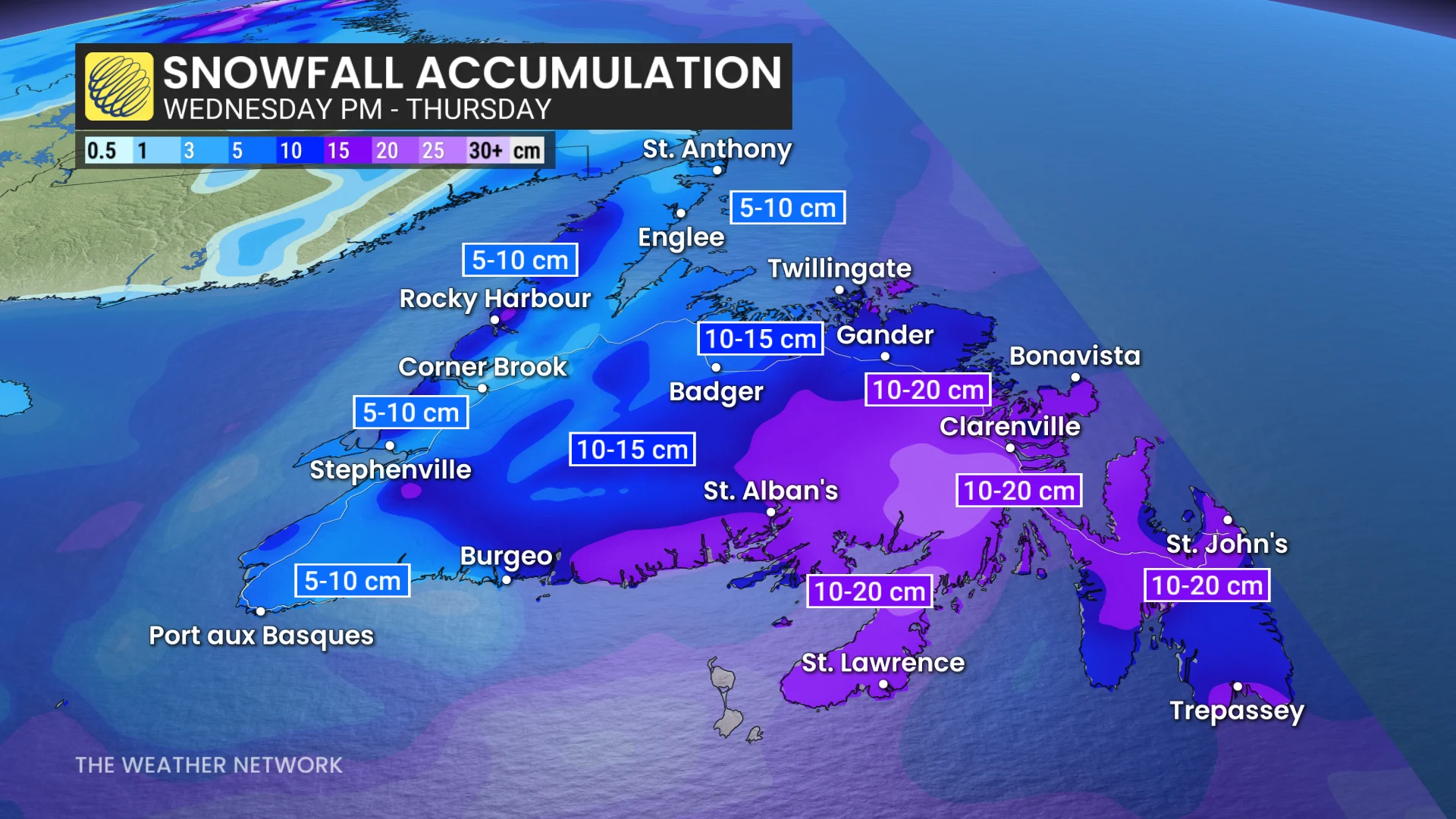 Newfoundland snowfall accumulation from Wednesday to Thursday
