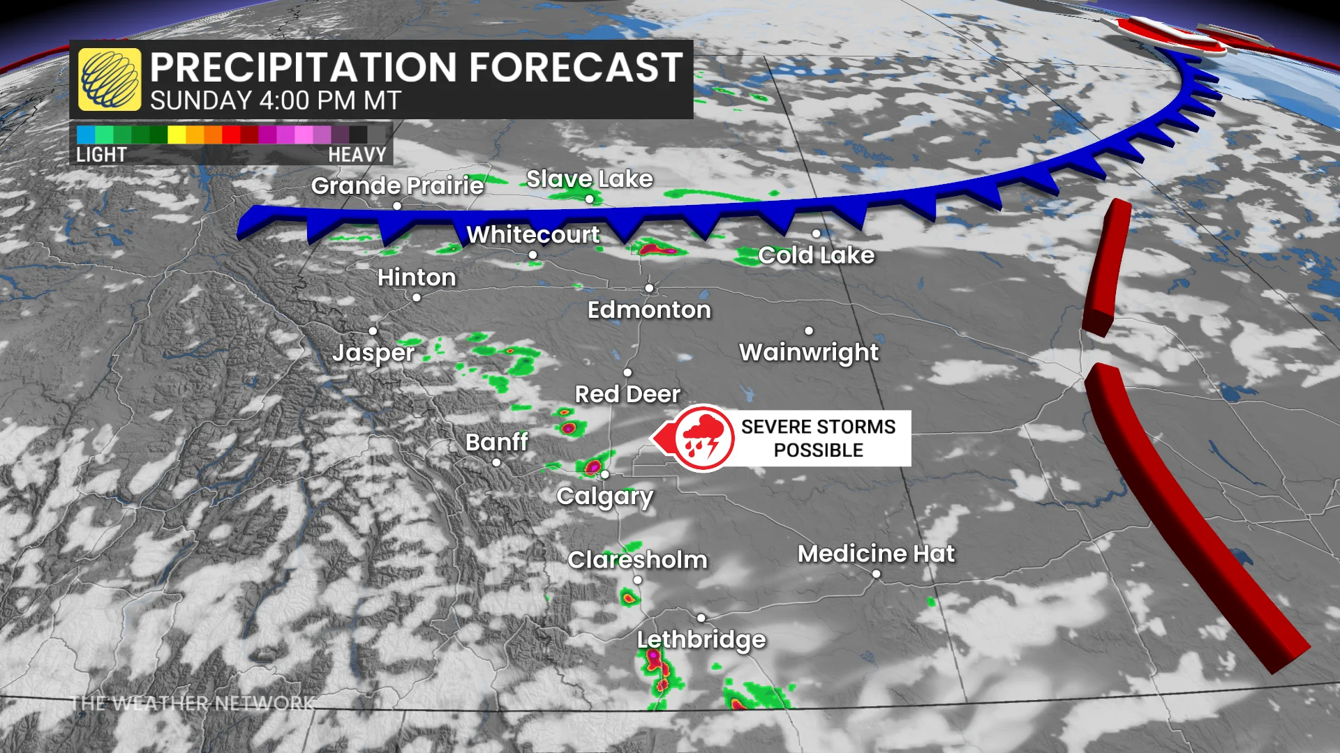 Alberta forecast storm cells at 4 p.m. MT -Aug. 16, 2026