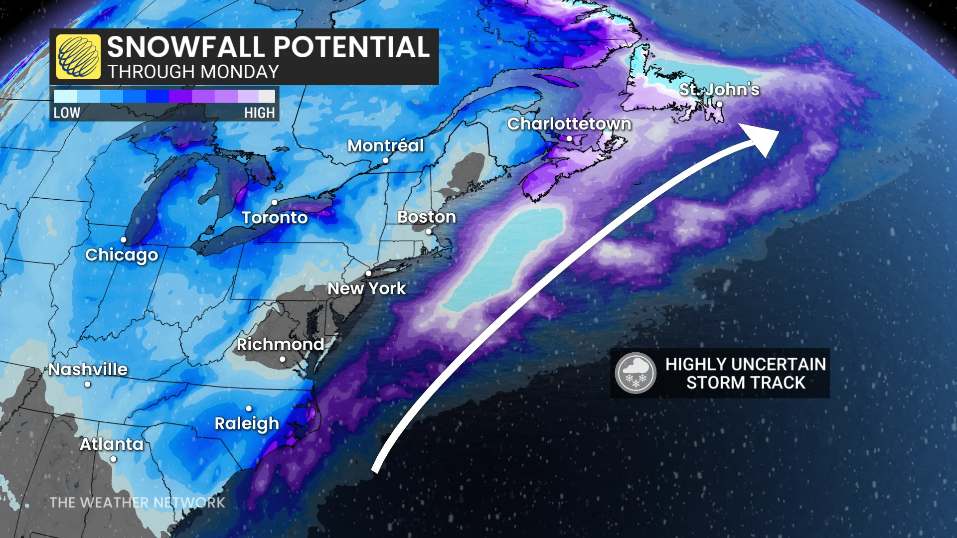 East Coast snowfall potential through Monday