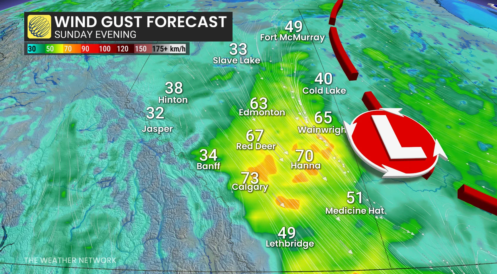 Alberta wind gusts Sunday evening