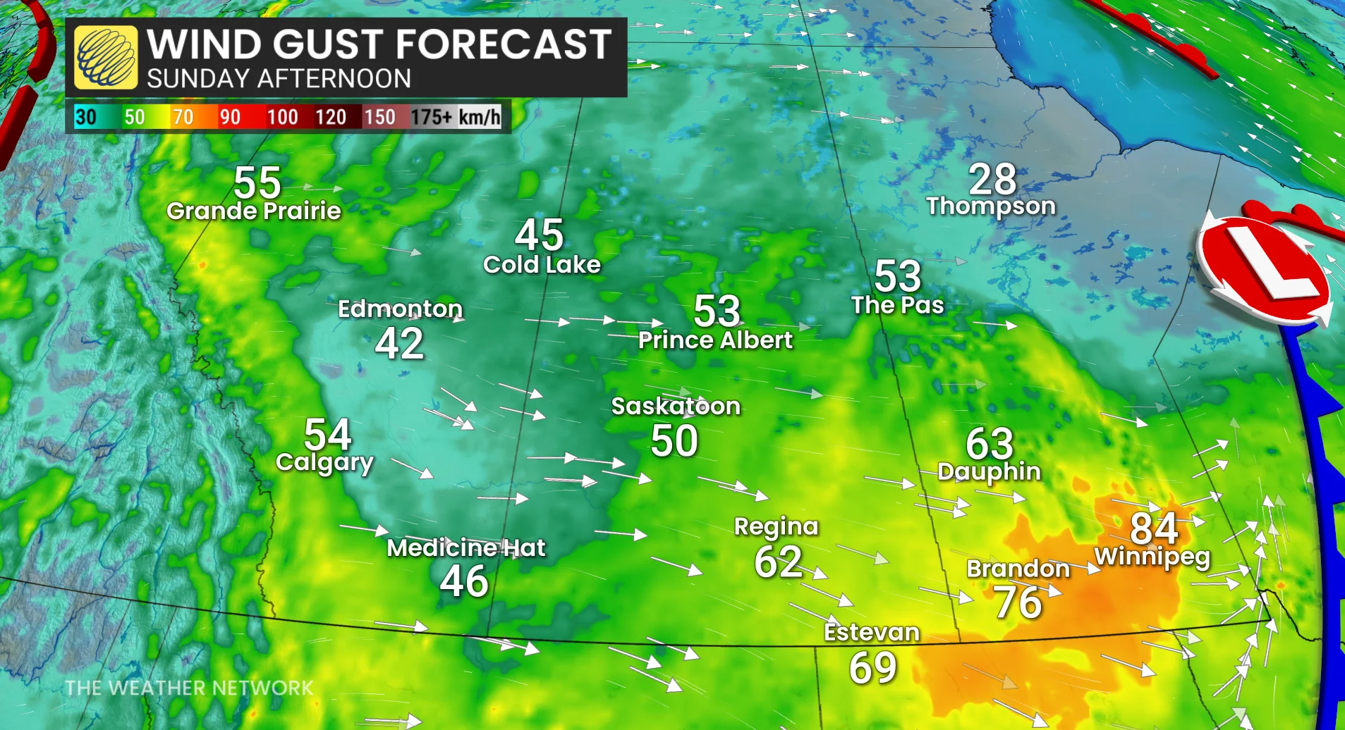 Prairies Sunday afternoon wind gust forecast