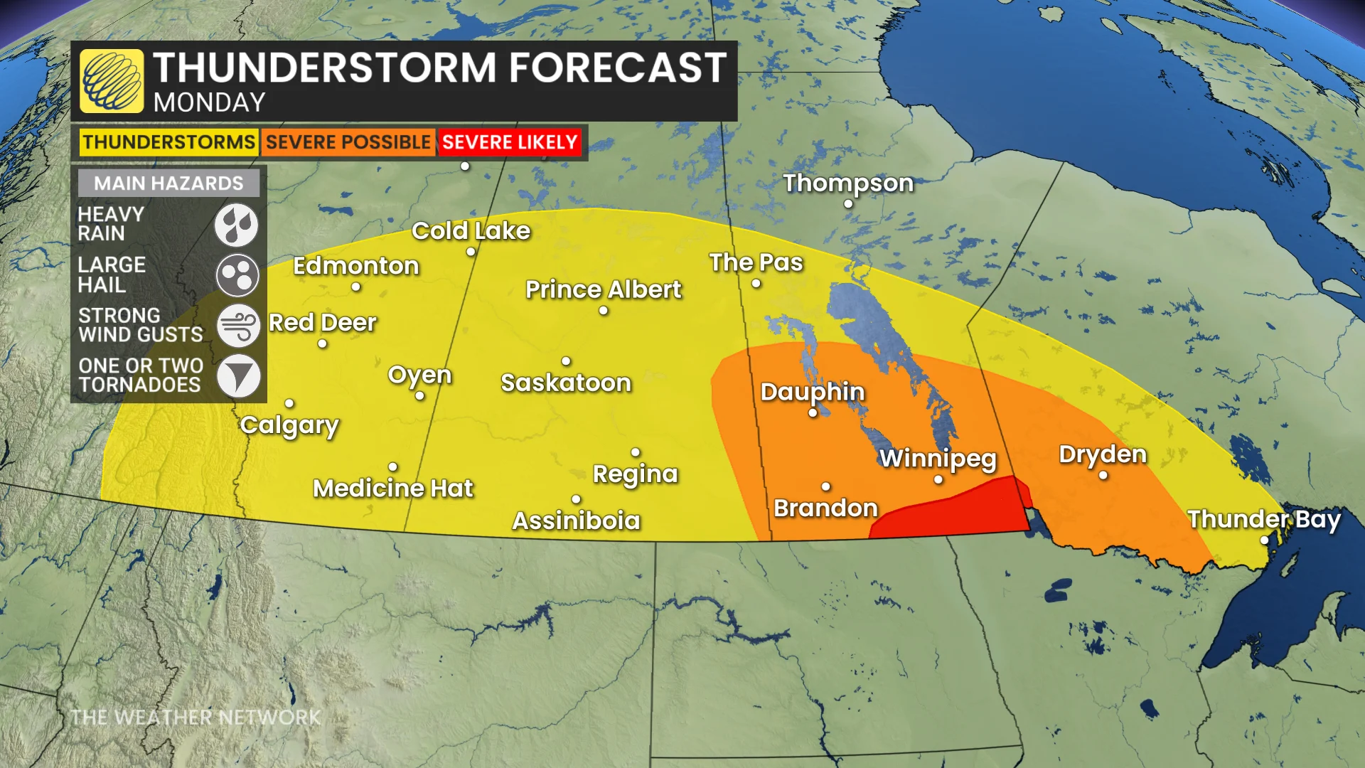 Prairies storm risk map Monday