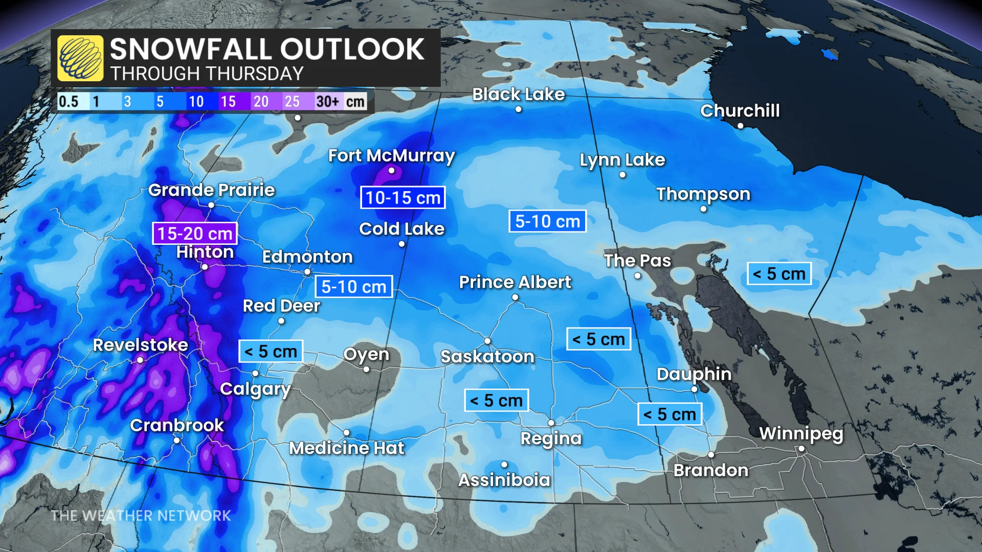 Prairies forecast snow totals through Thursday - Oct. 26, 2026