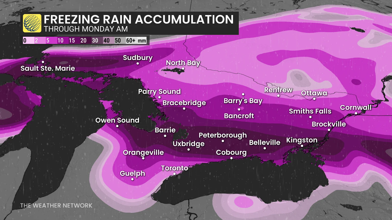 Ontario forecast freezing rain, ice storm accumulation - March 29, 2025