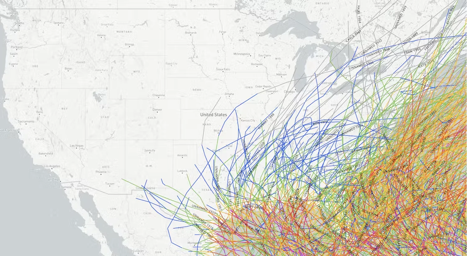 NOAA: A U.S. map of hurricane storm tracks since 1851 shows that the storms and their remnants often travel far inland. Yellows to reds reflect increasing hurricane strength. Green is tropical storm strength, and blue and gray are weaker but can still be damaging. NOAA Climate.gov