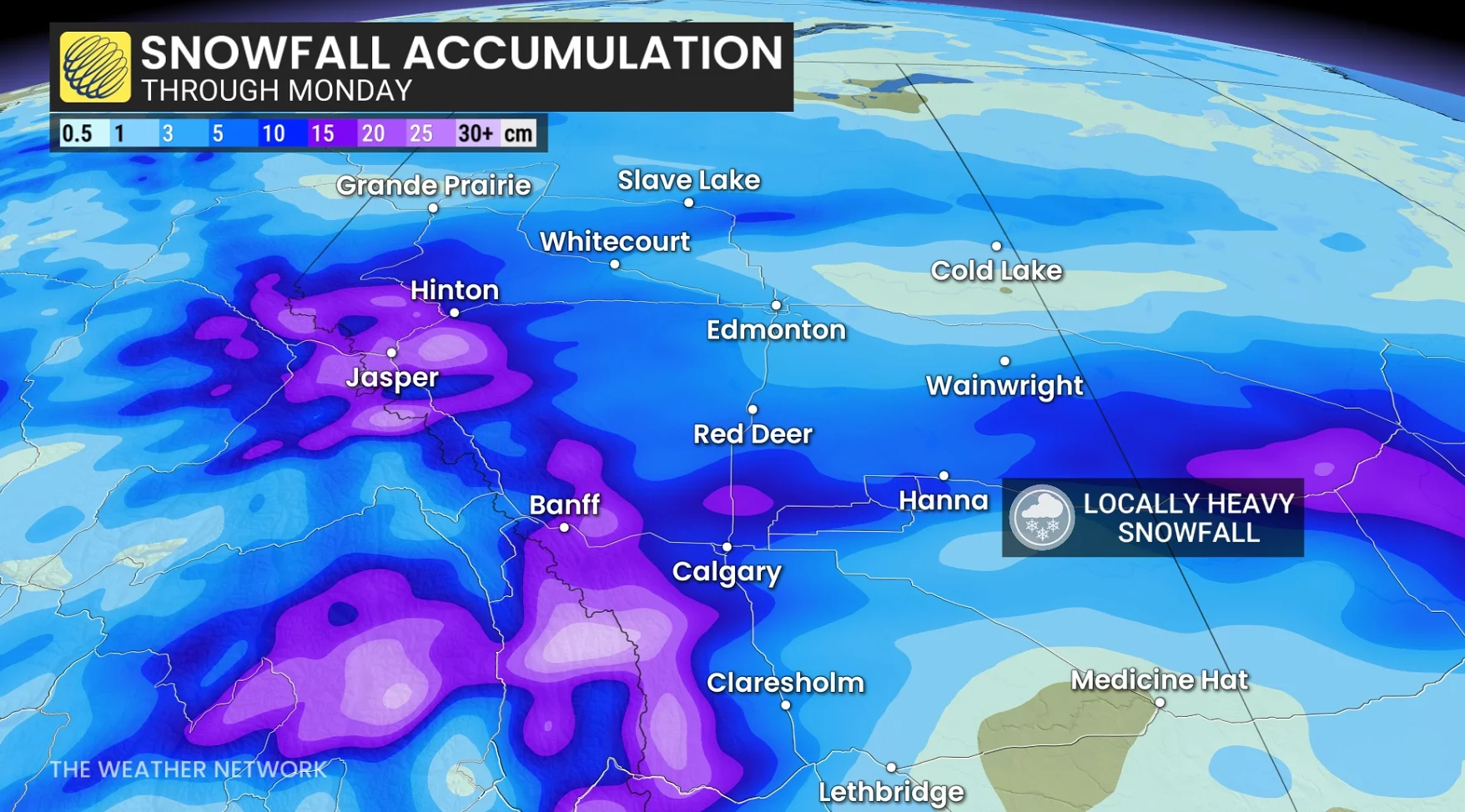 Alberta snowfall outlook through Monday