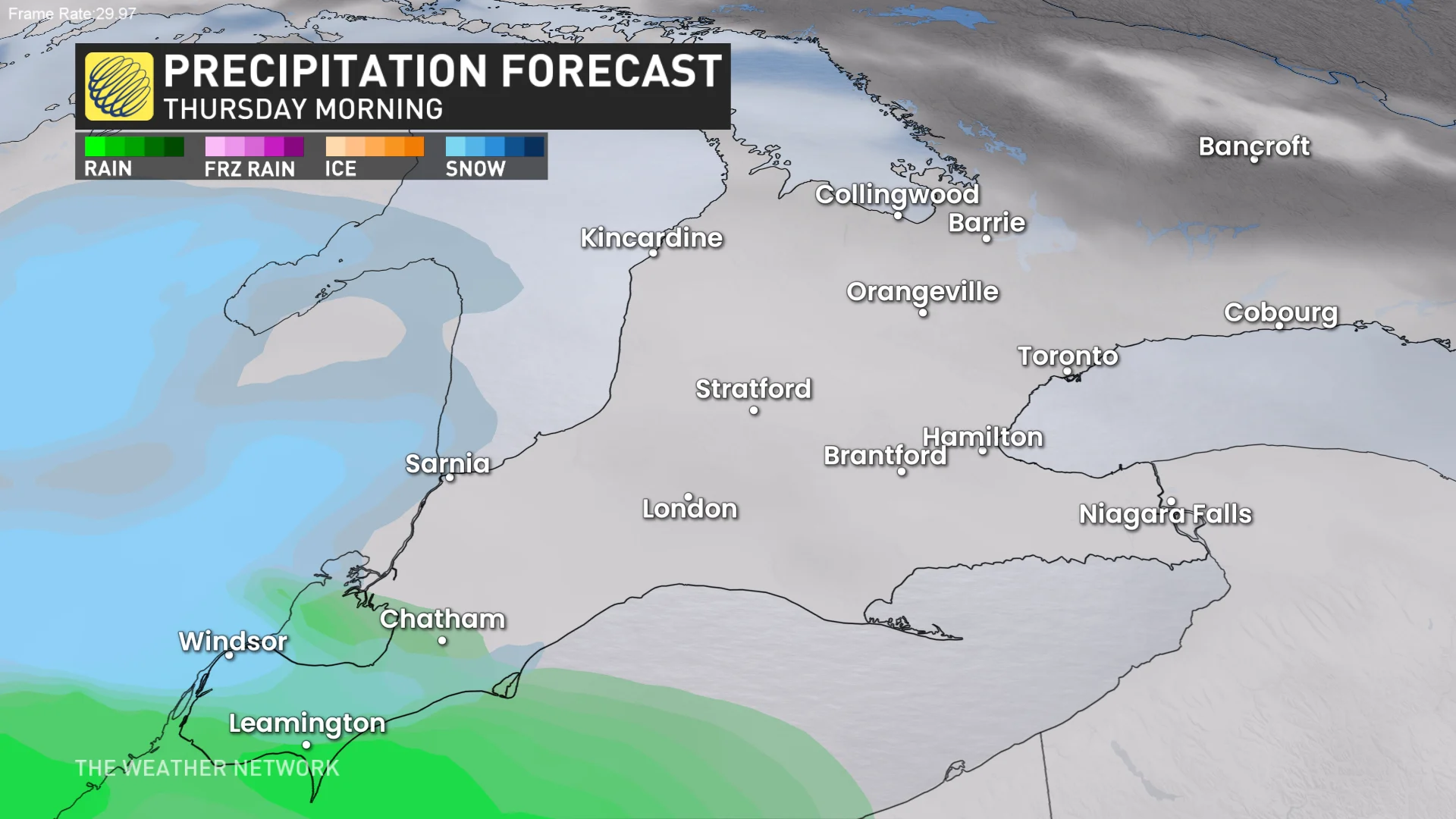 Ontario precipitation timing forecast Thursday morning