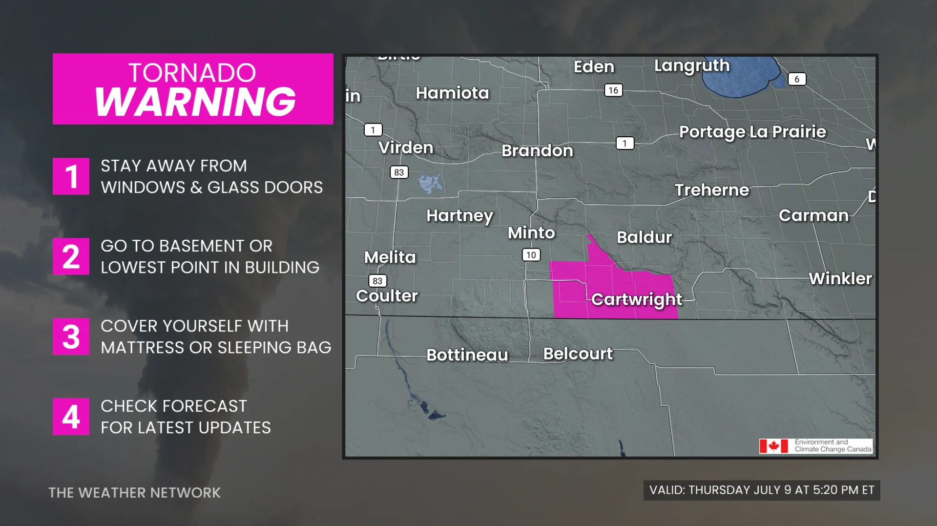 Tornado warning Manitoba 2 July 9 2026