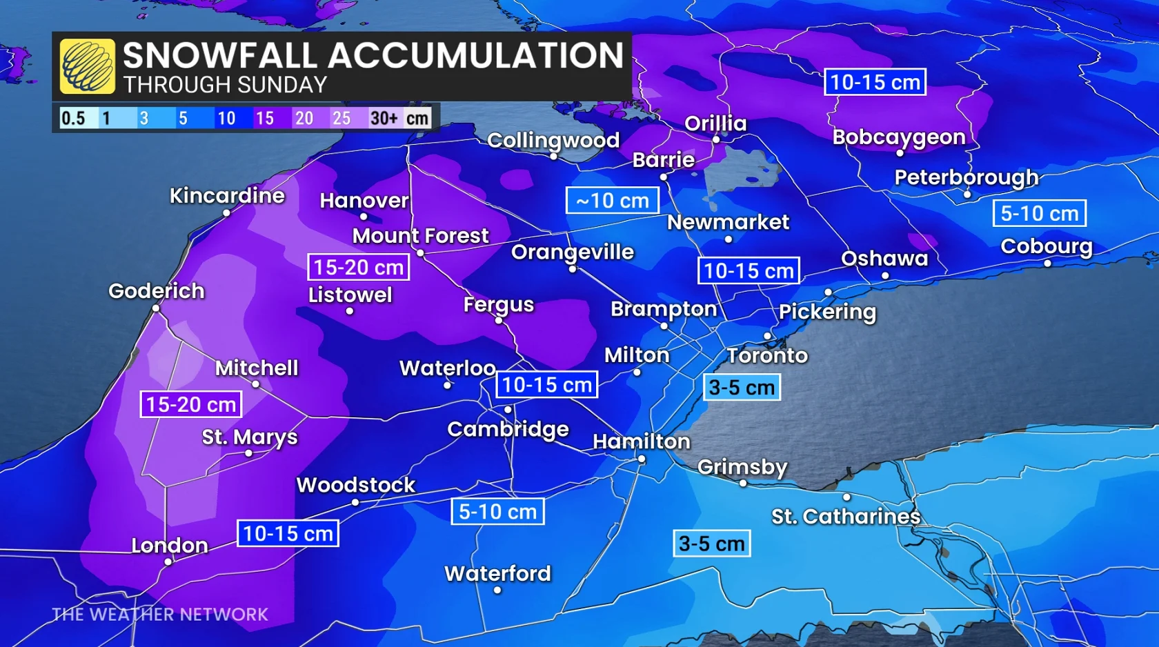 Ontario snowfall accumulation through Sunday