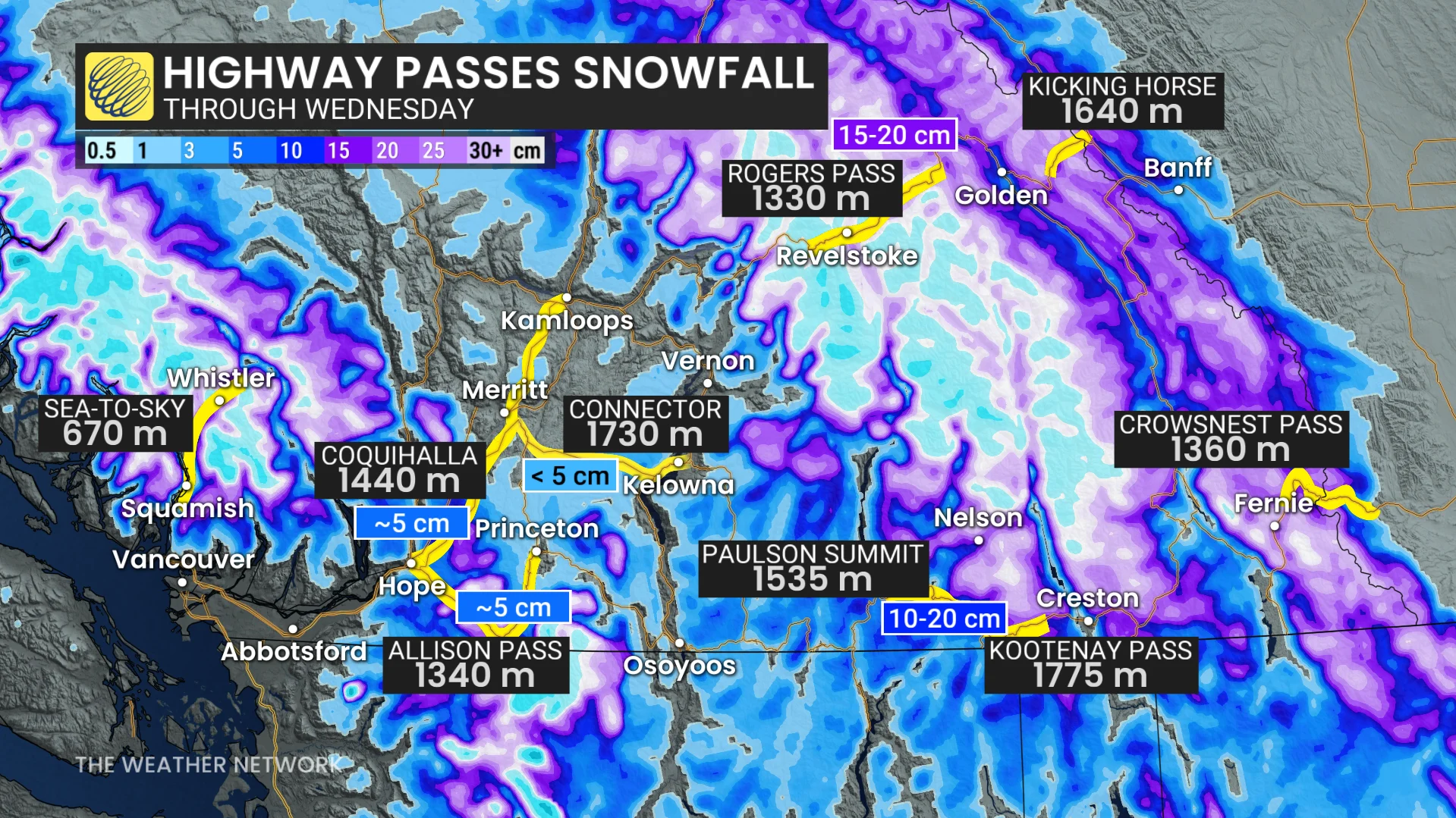 B.C. mountain pass snowfall through Wednesday
