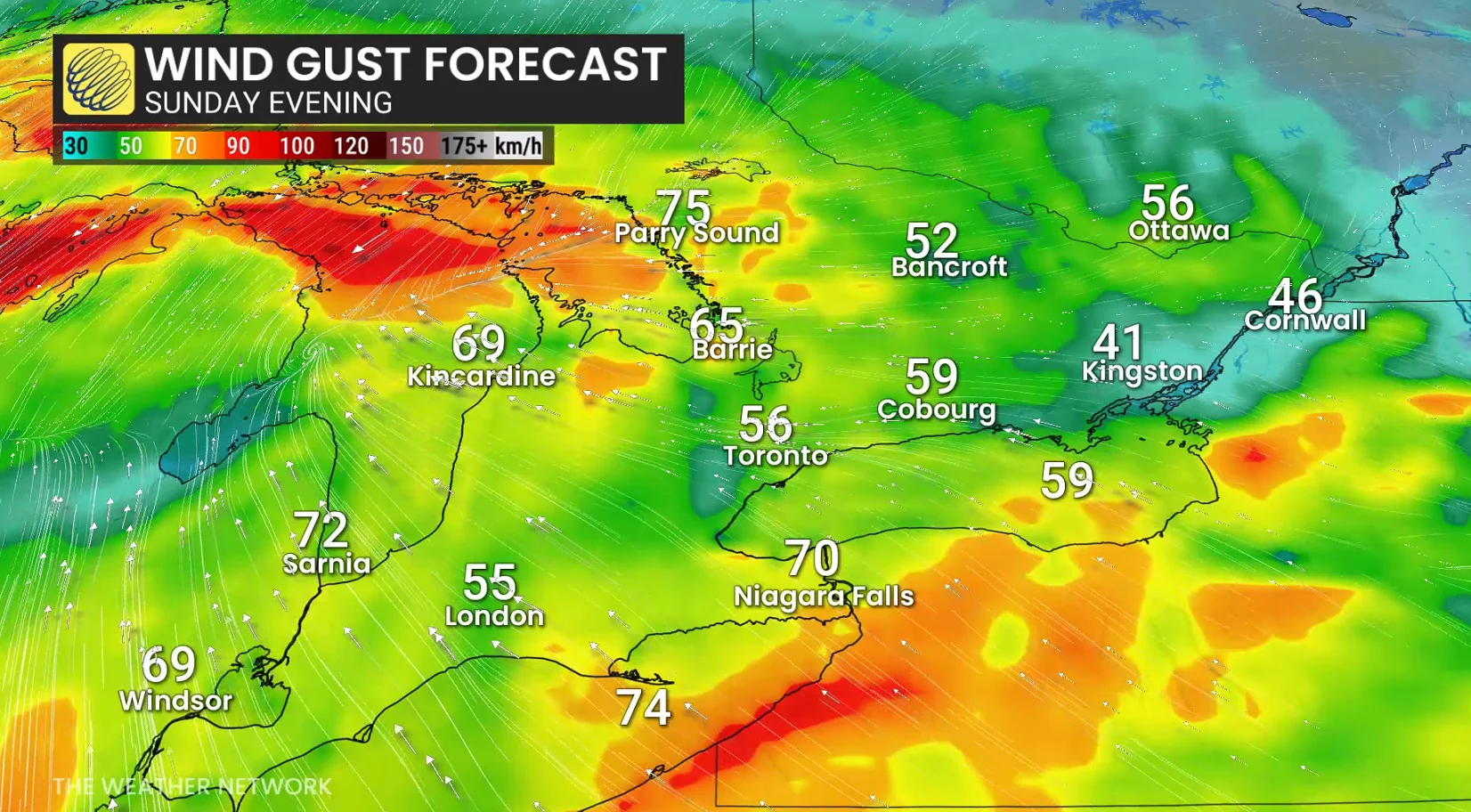 Ontario wind gust Sunday evening