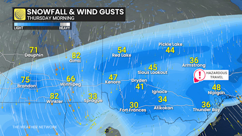 Manitoba and northwestern Ontario snow and wind gusts Thursday morning