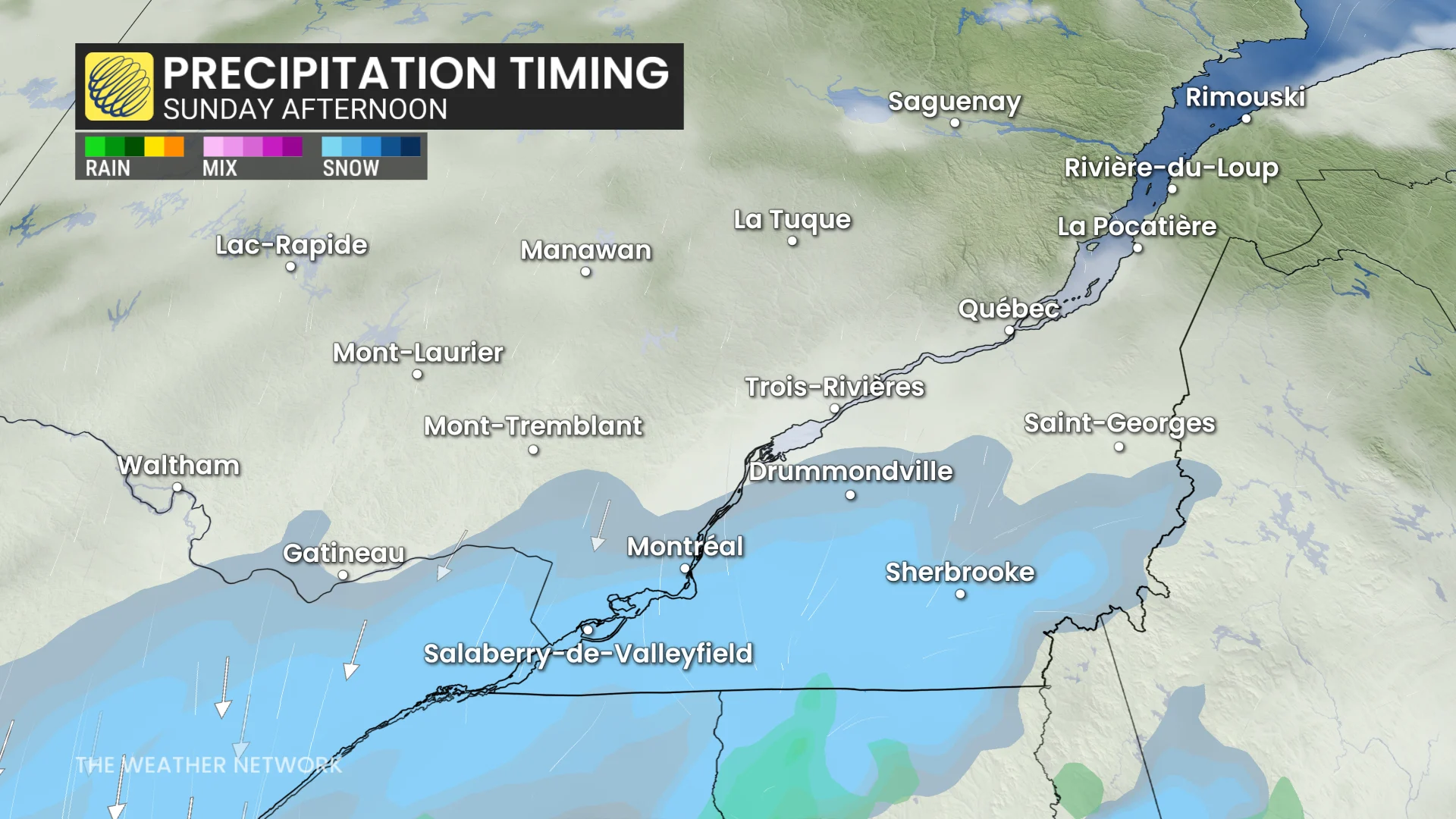 Quebec precipitation timing Sunday afternoon