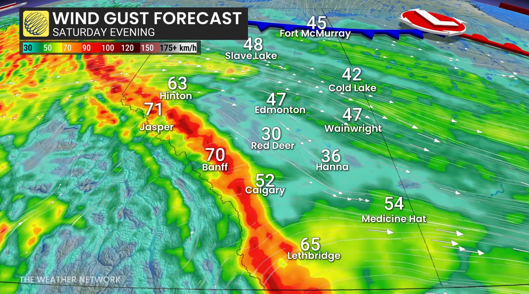 Alberta Saturday evening forecast wind gusts - March 5, 2026