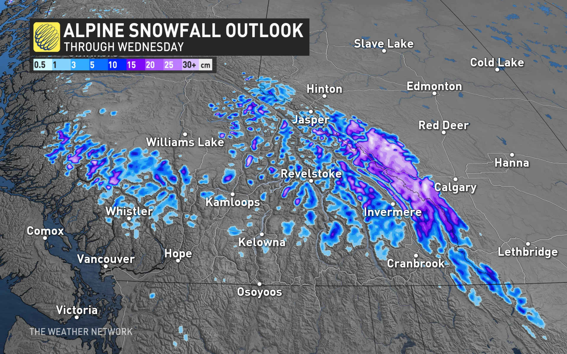 B.C.-Alberta alpine snowfall projections through Wednesday_Aug. 27