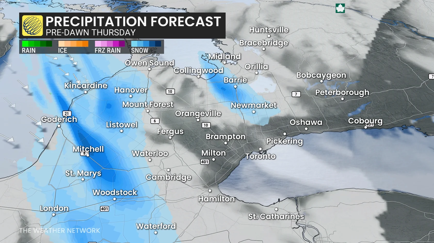 Ontario precipitation timing pre-dawn Thursday morning