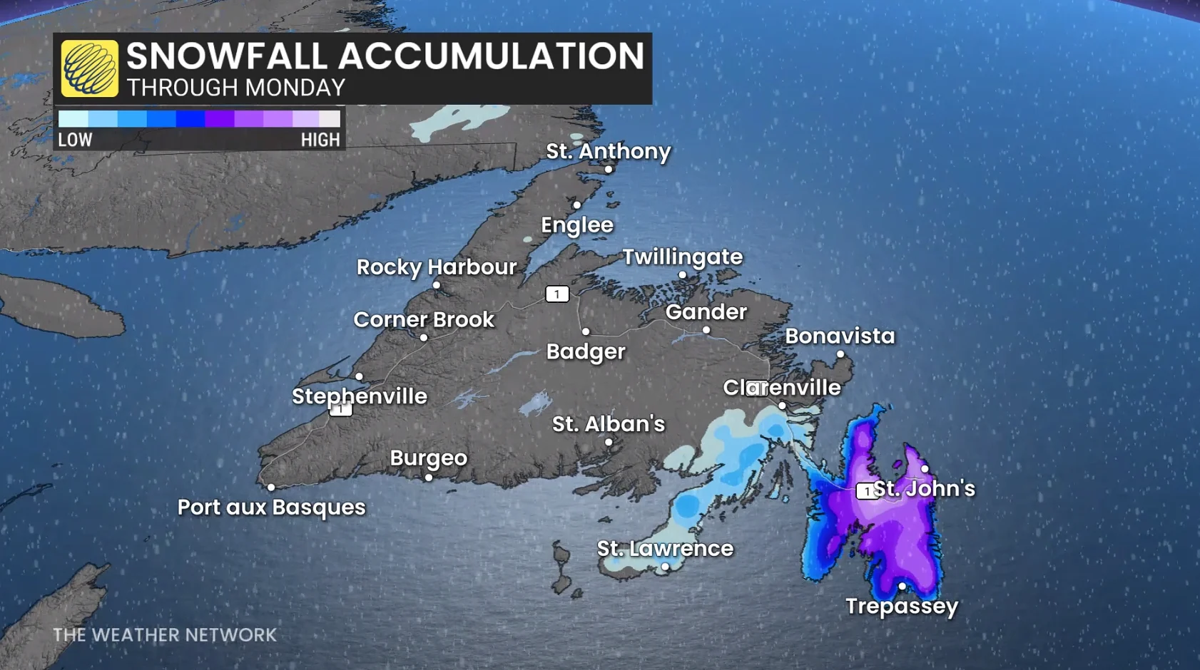 Newfoundland snowfall through Monday