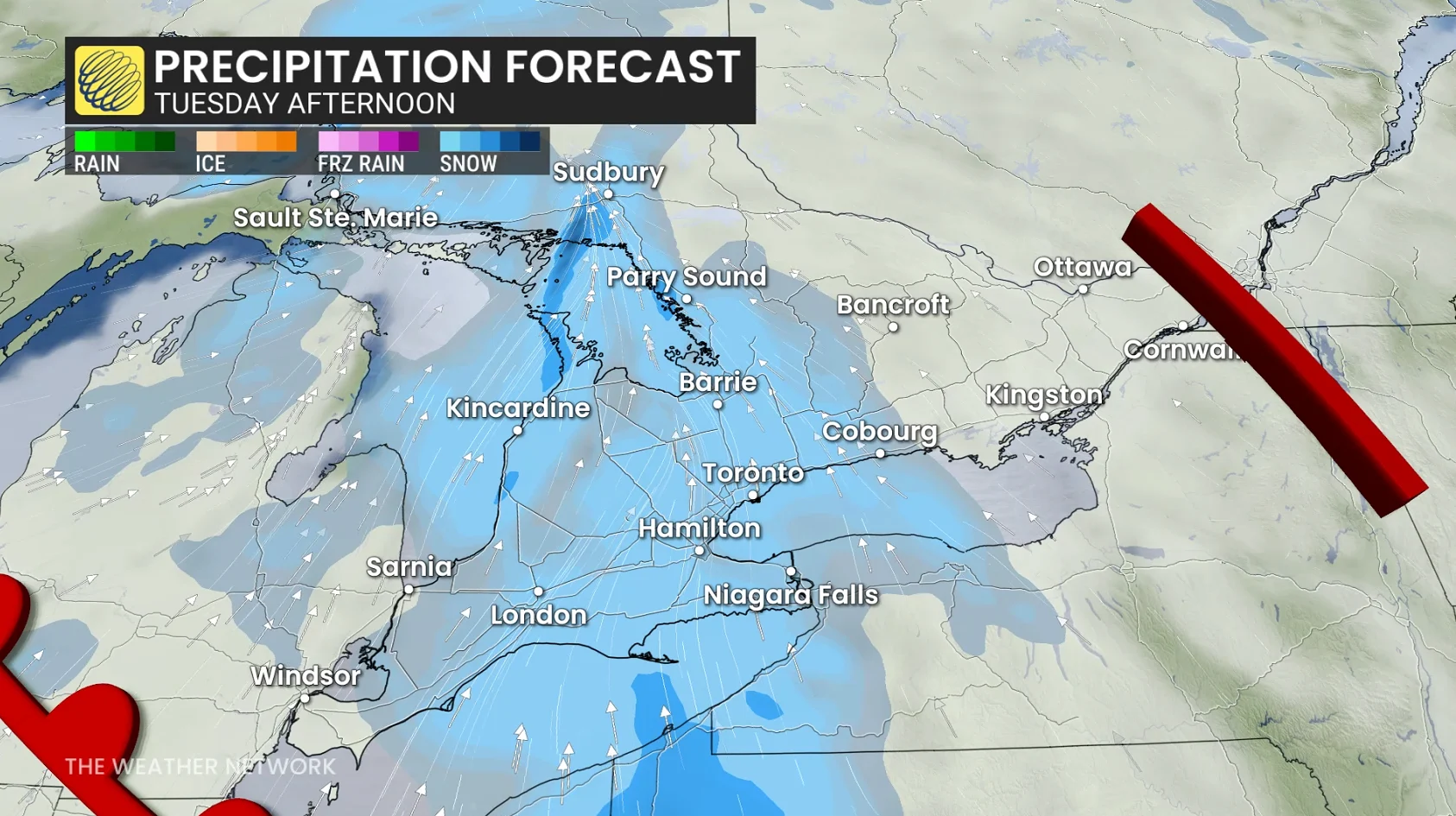 Ontario precipitation timing Tuesday afternoon