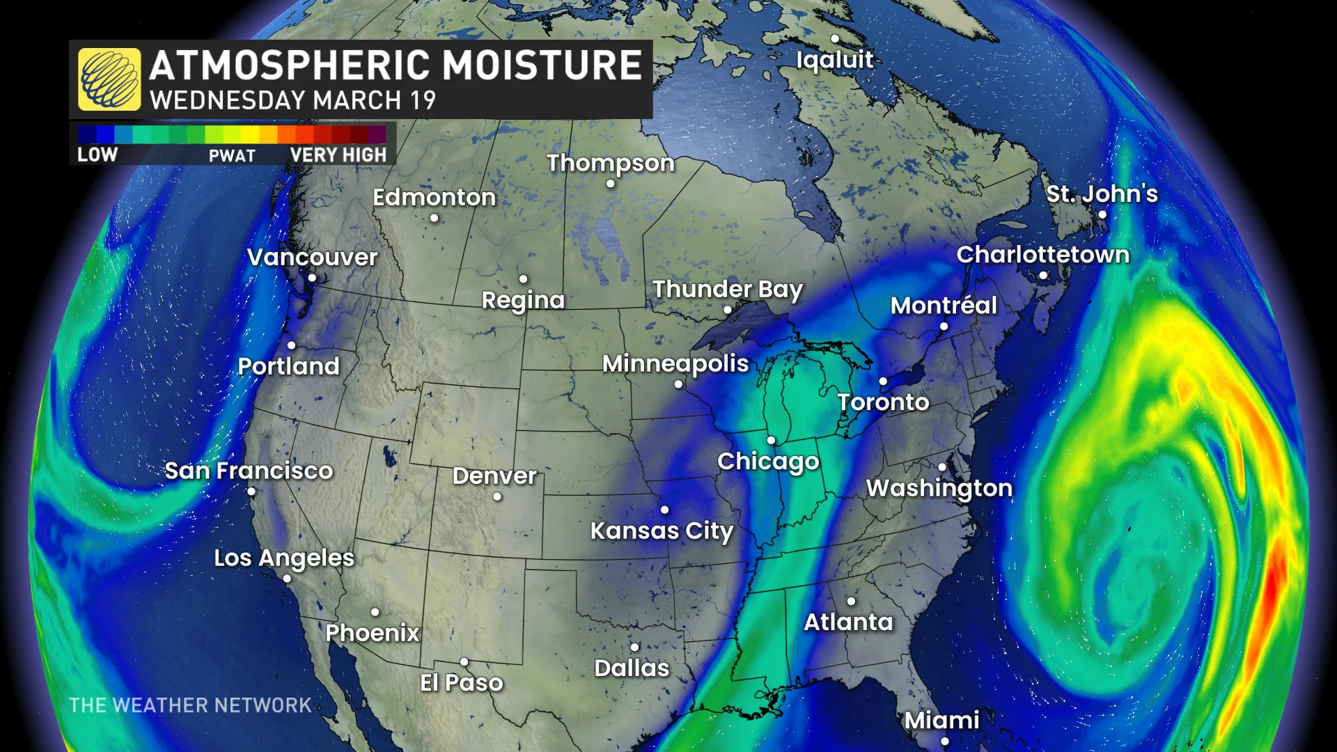 Atmospheric moisture Wednesday, March 19 North America