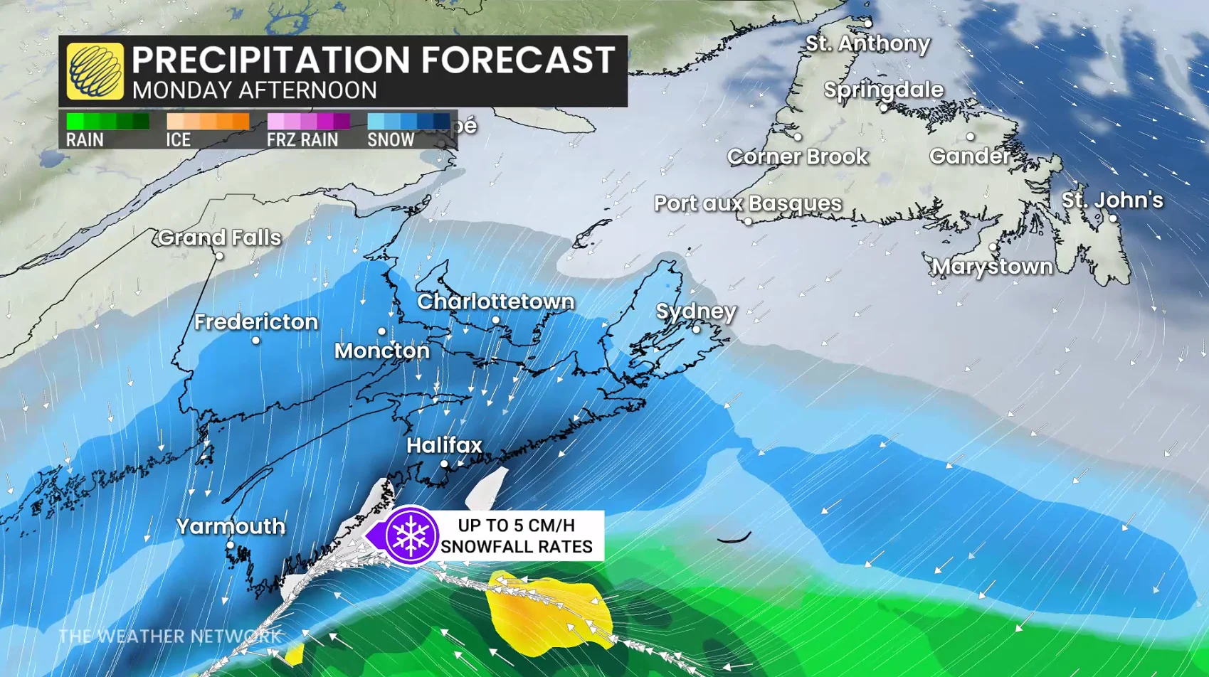 Atlantic Canada precipitation forecast Monday afternoon