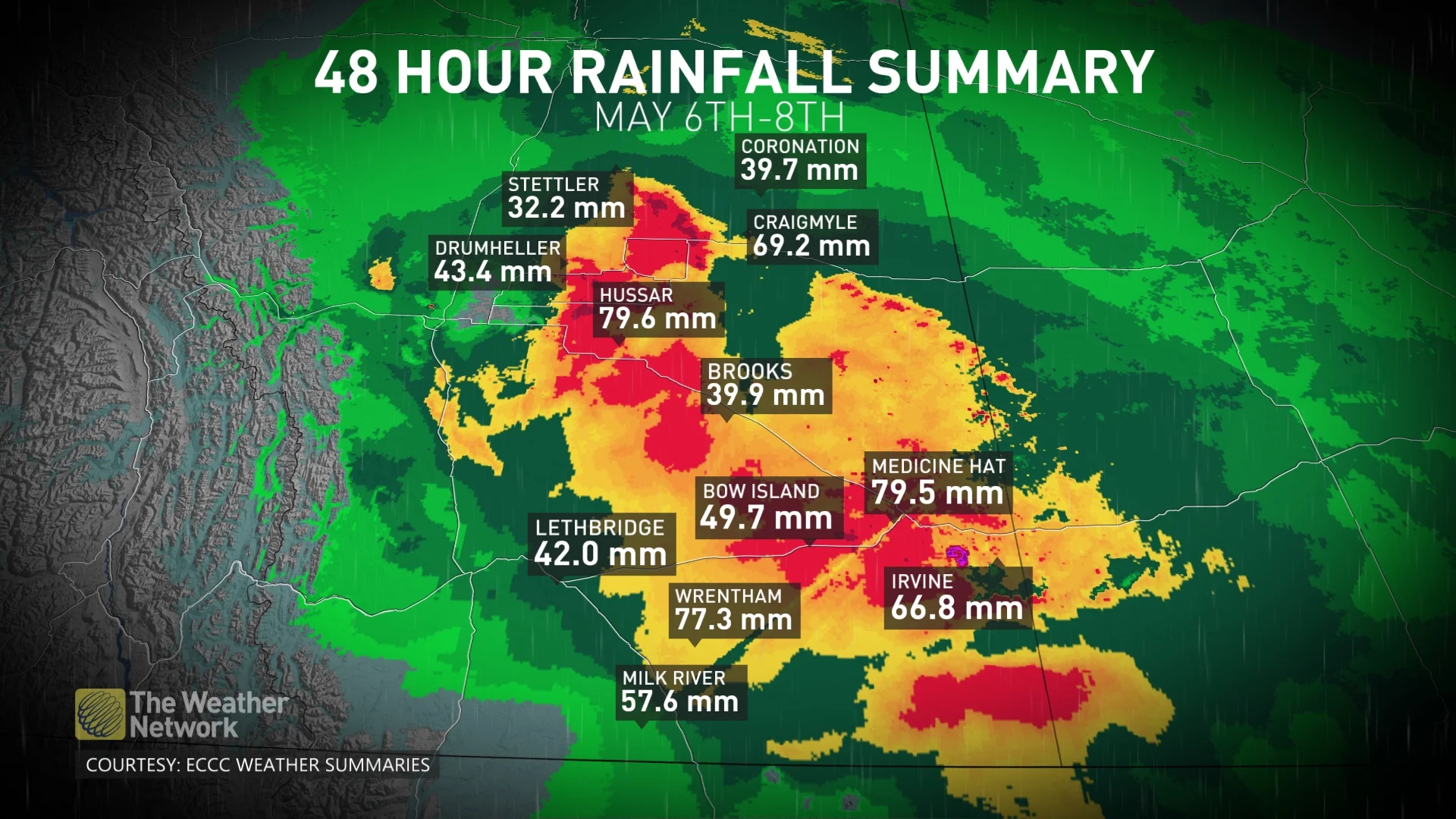 Alberta rainfall totals from May 6-8, 2024