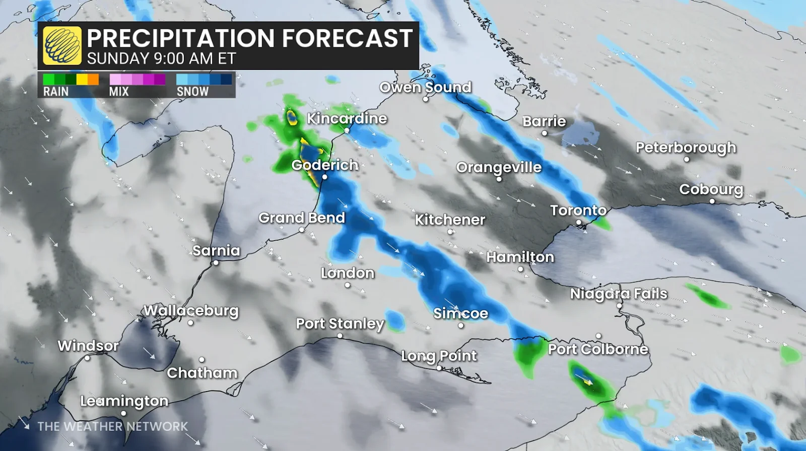 Southern Ontario precipitation forecast 9am Sunday
