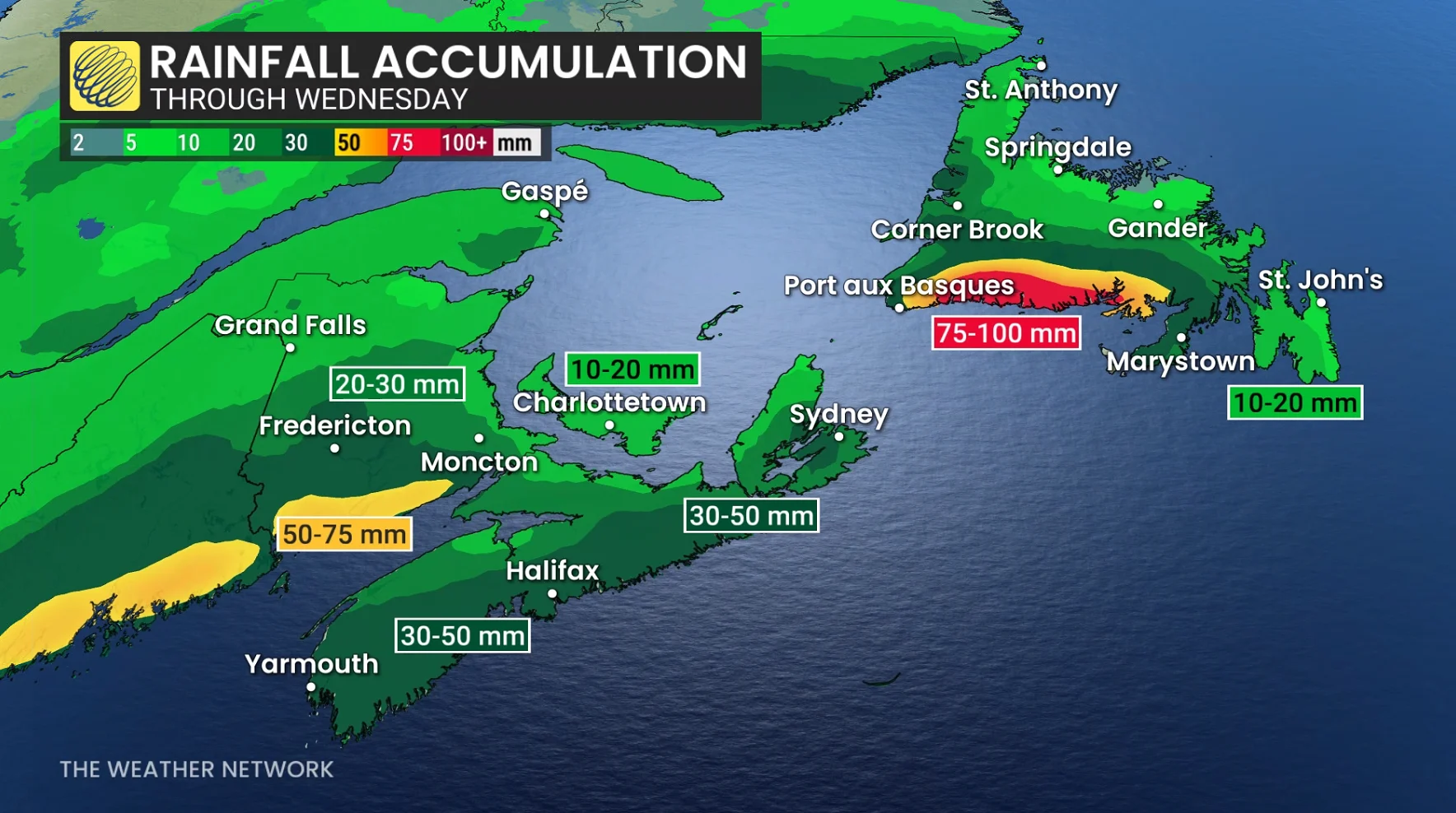Atlantic Canada rainfall through Wednesday