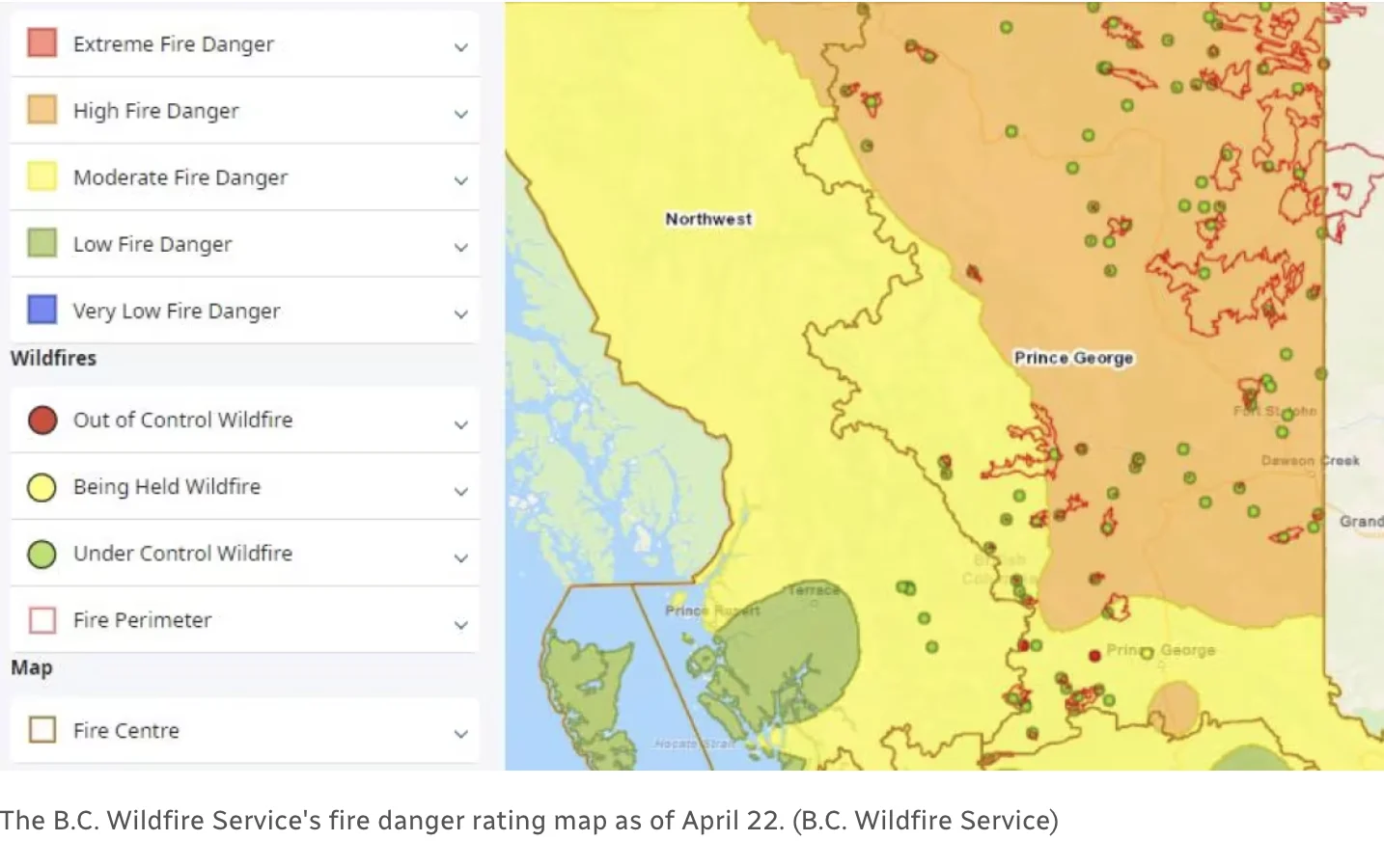 BC Wildfire Service - April 22, 2024, current fires.