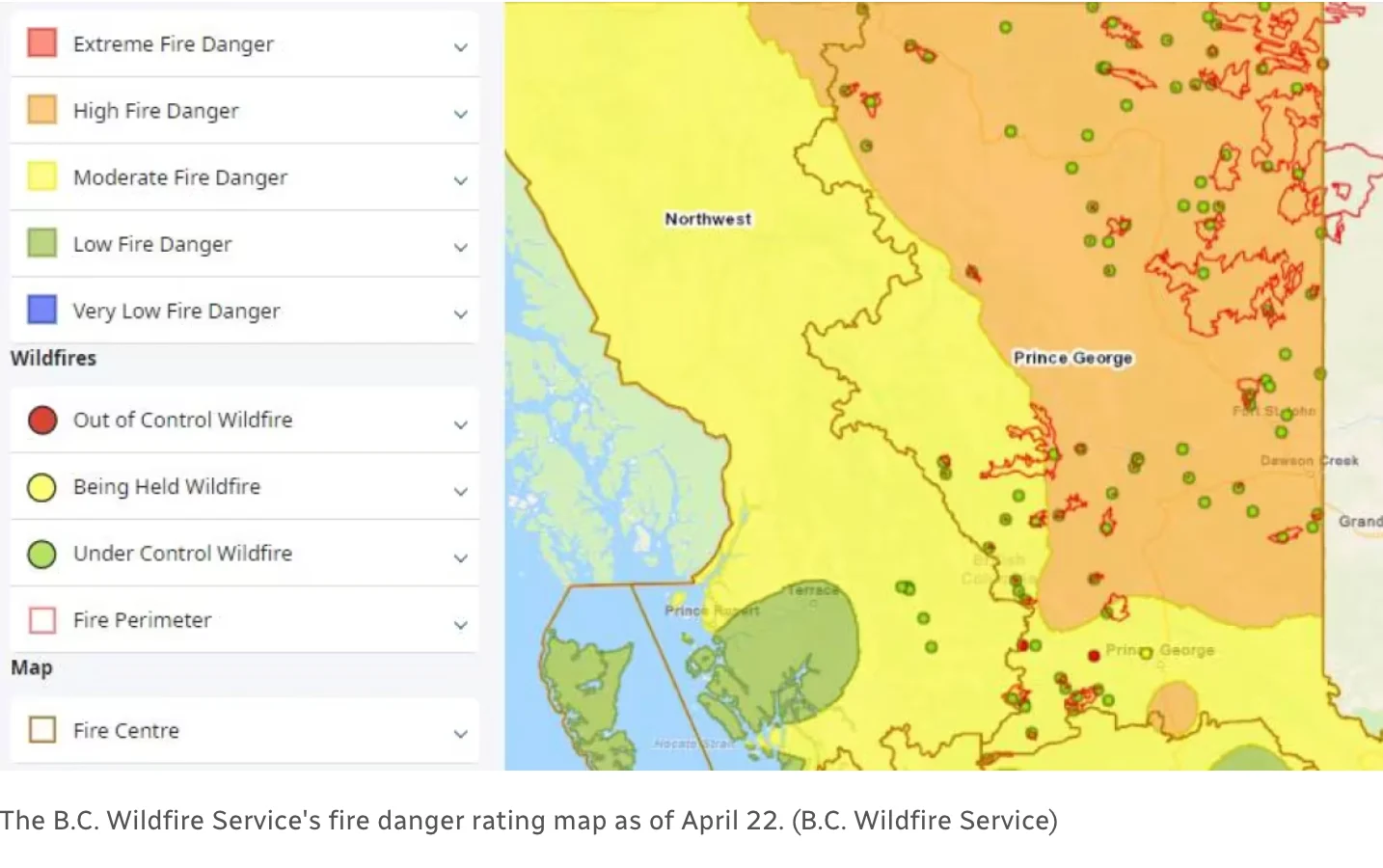 BC Wildfire Service - April 22, 2024, current fires.