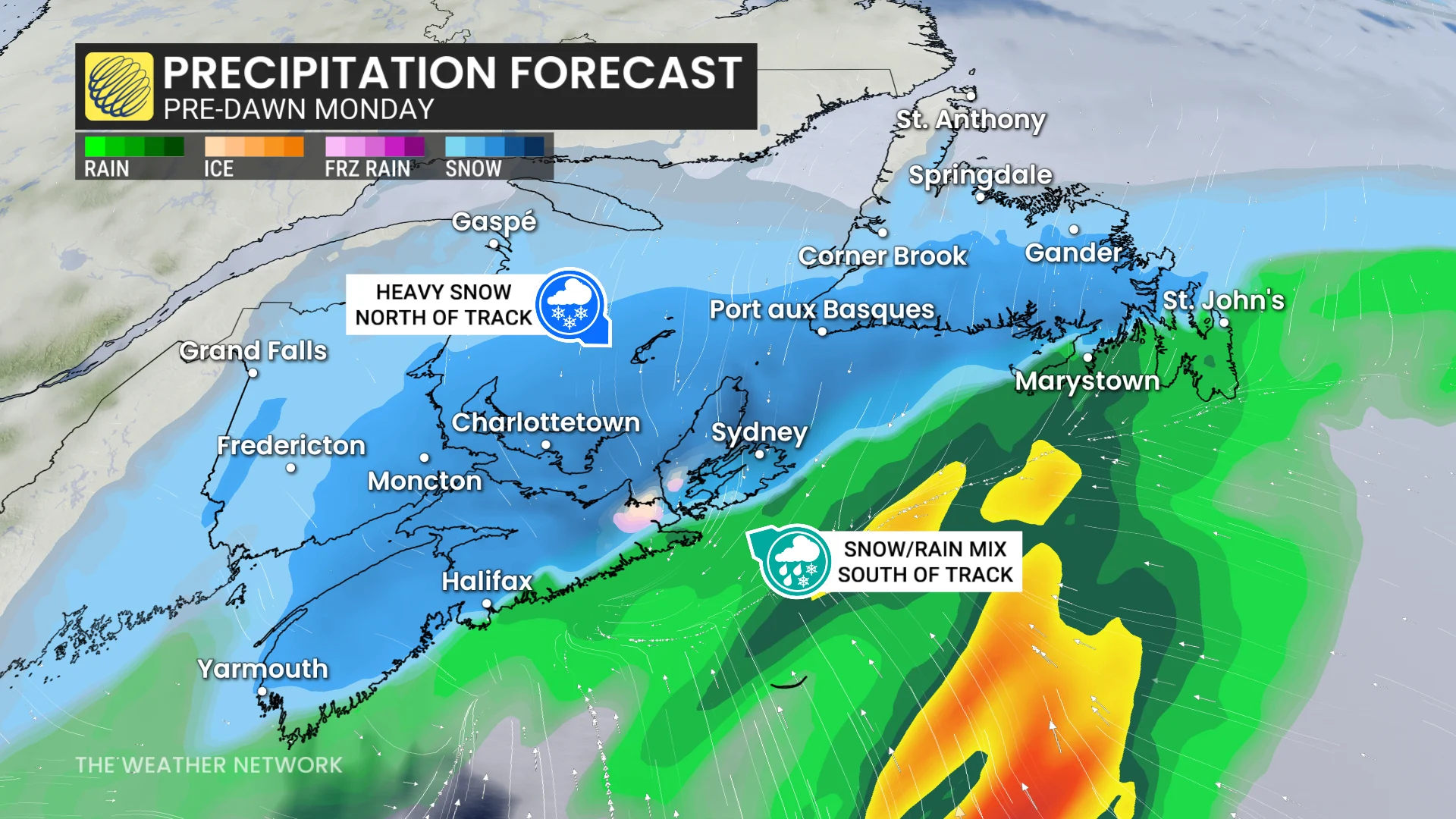 Atlantic Canada precipitation timing pre-dawn hours Monday
