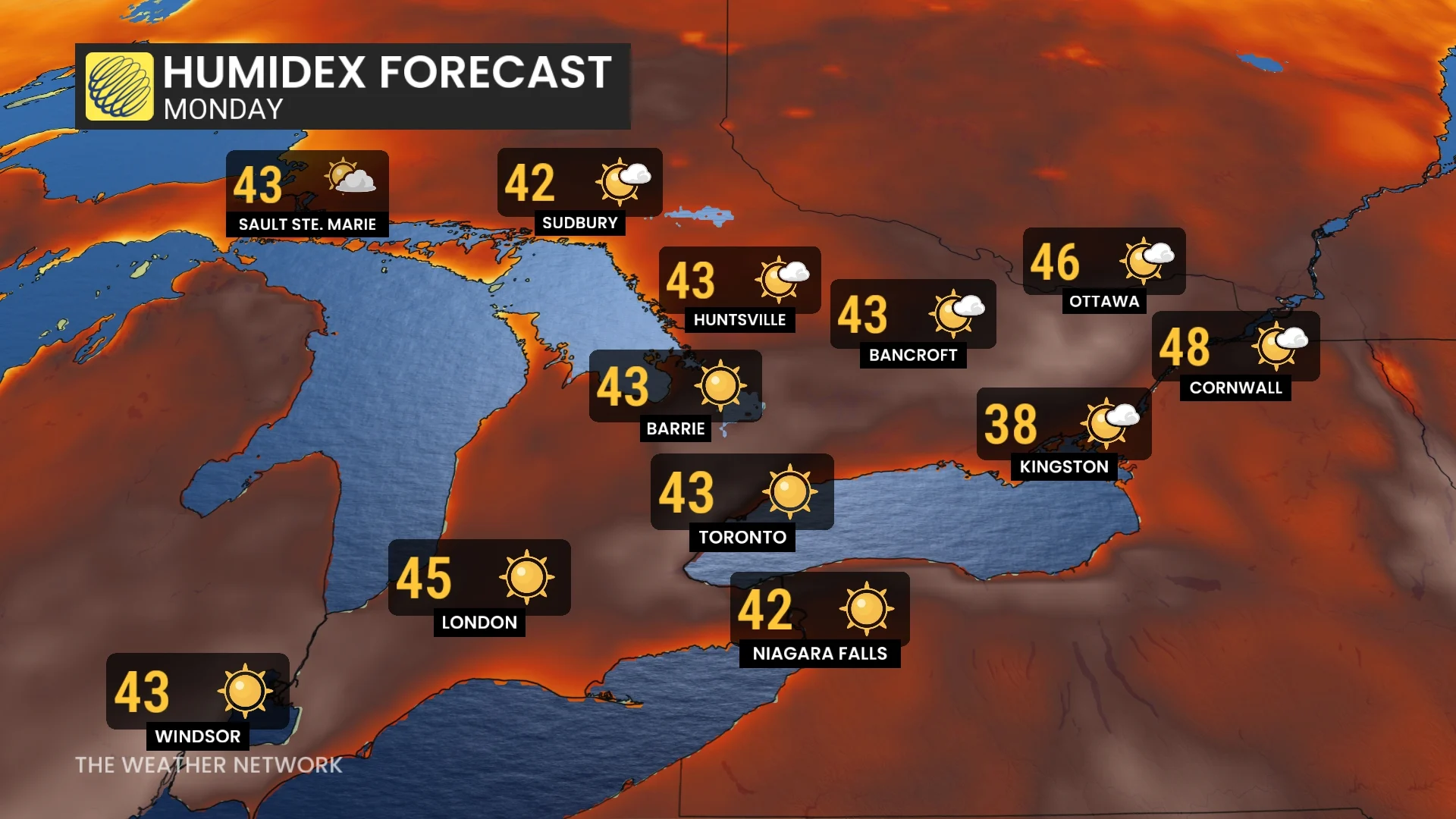 Monday humidex forecast Ontario