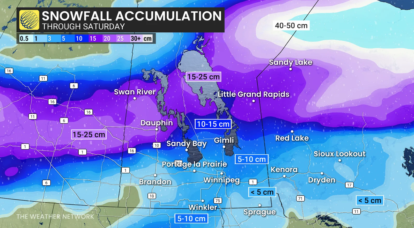 Manitoba snowfall through Saturday