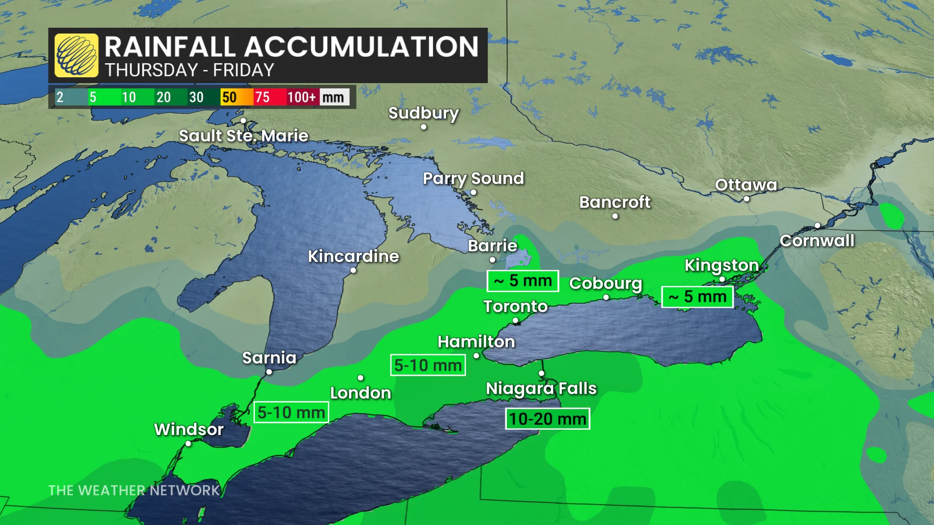 Ontario rainfall totals Thursday to Friday