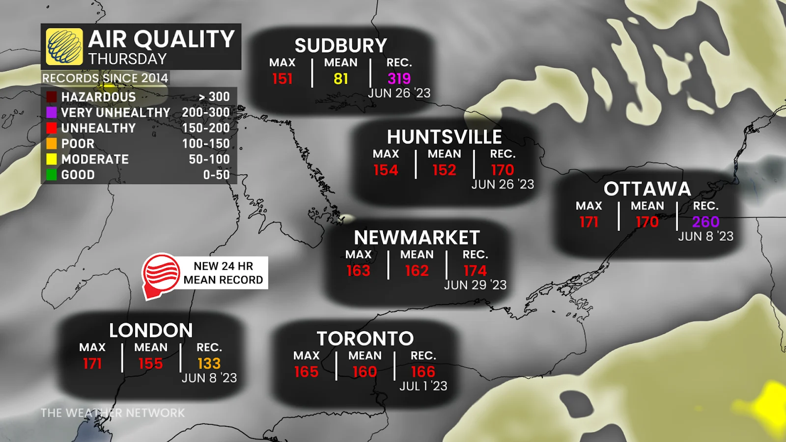 Southern Ontario Thursday average AQI - June 6, 2025