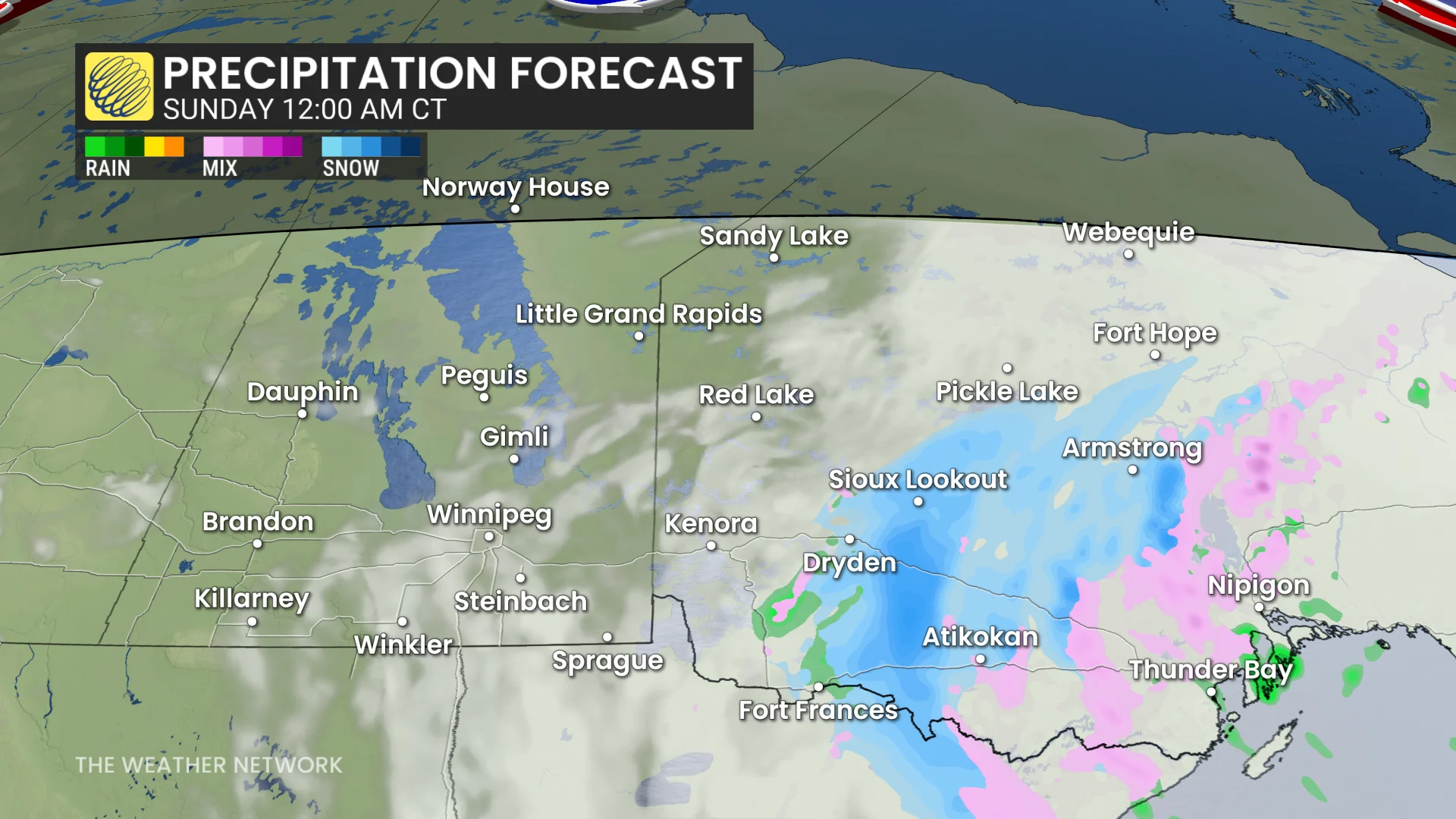 Manitoba/northwestern Ontario Sunday morning/midnight precipitation timing forecast